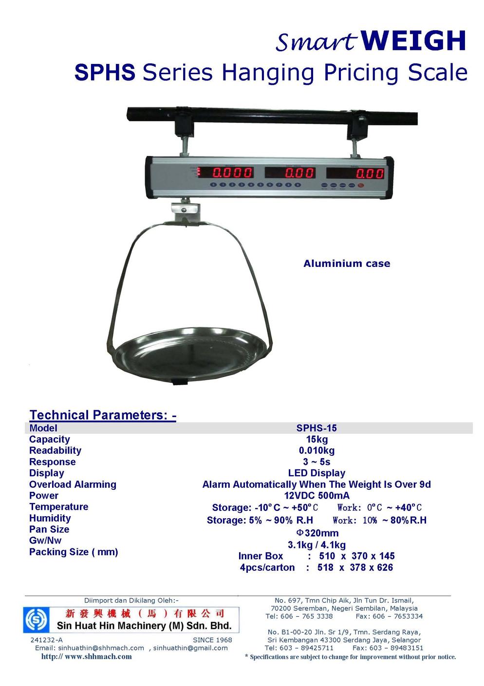 SmartWEIGH SPHS Series Hanging Pricing Scale