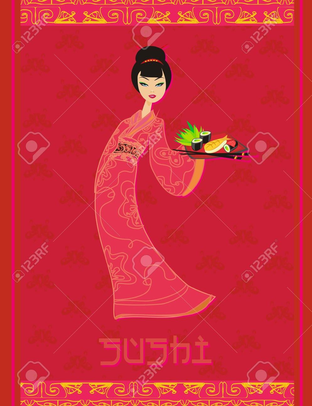 10551920 beautiful Asian girl enjoy sushi menu template  Stock Vector sushi japan(1)