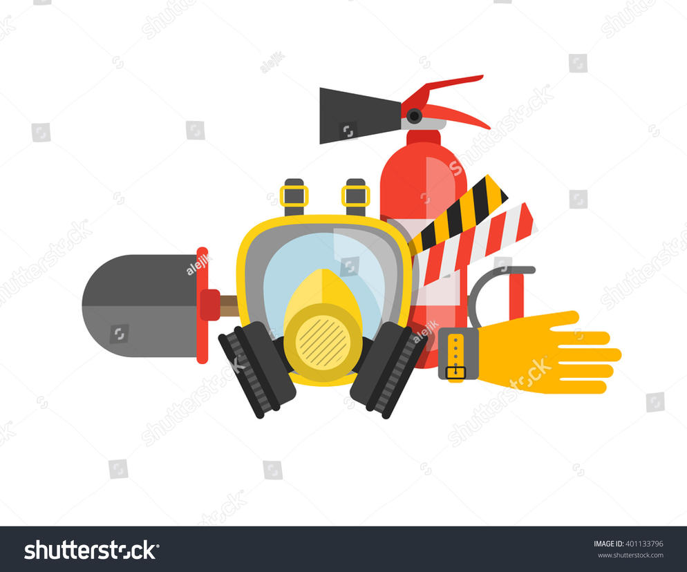 stock photo safety equipment set fire protection and fire a gas mask and a fire extinguisher set firefighter 401133796