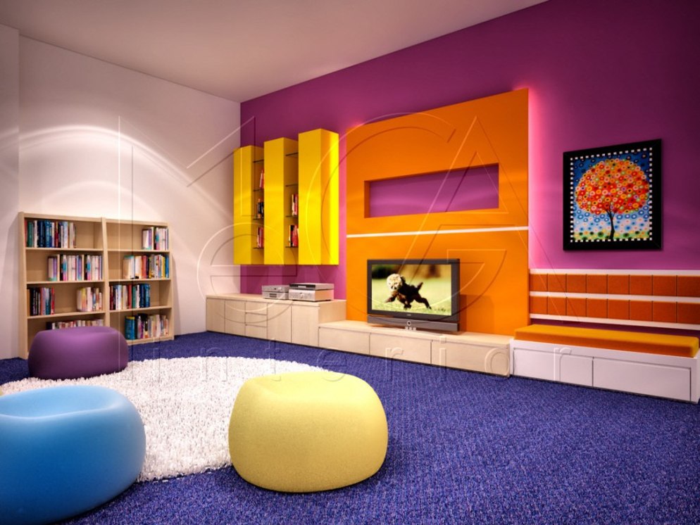 colorful library interior multimedia room wth round seat and rug