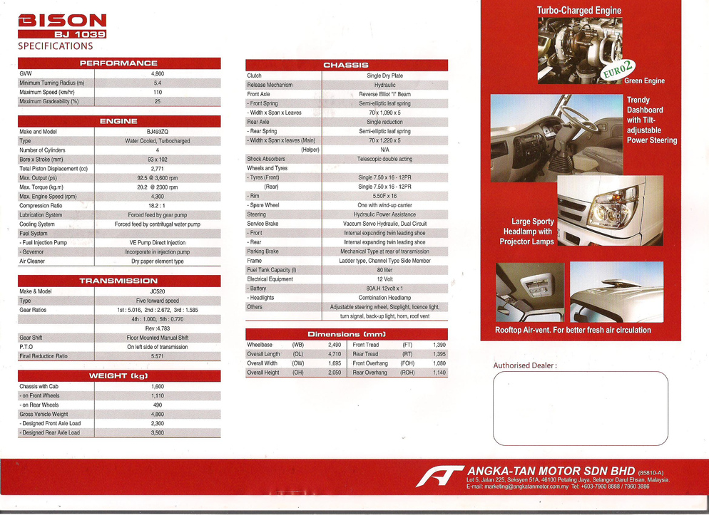 SPECIFICATIONS OF BISON BJ 1039 (GVW 4 800KG)