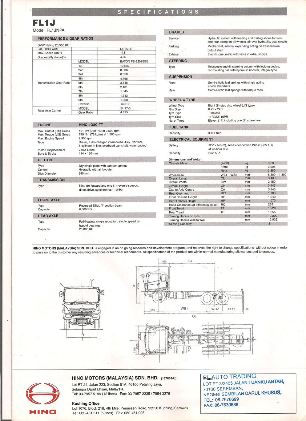 SPECIFICATION OF 500 SERIES FL 6X2 GVW26500 KG 260HP(EURO 2)