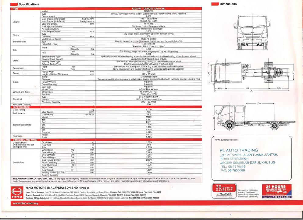 SPECIFICATION OF300 SERIES HINO XZU730CREW GVW 5000KG(6 wheeler)