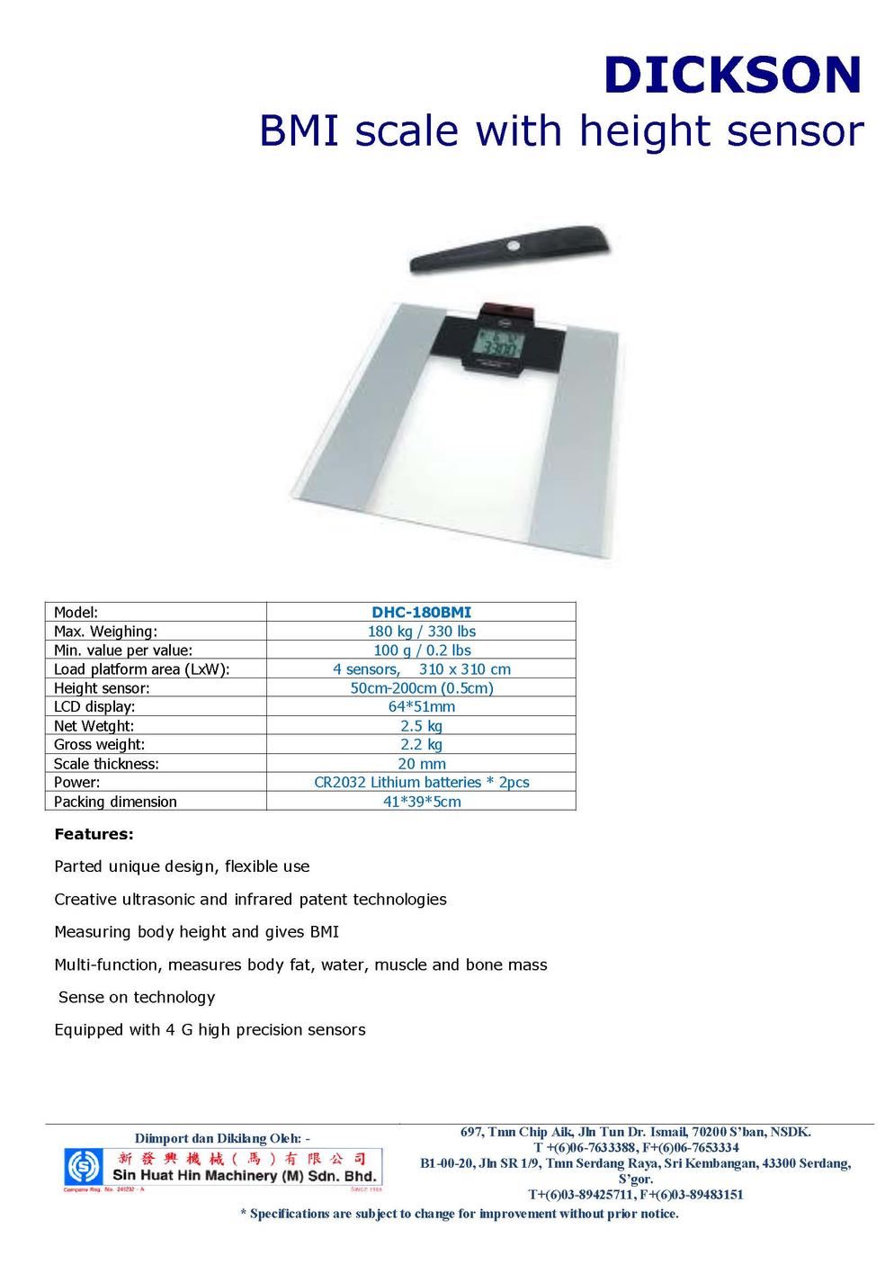 DHC180BMI DICKSON Height sensor BMI Scale