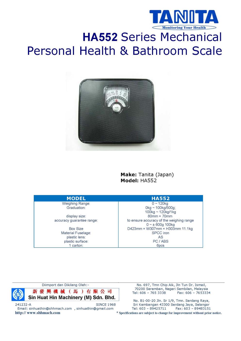 TANITA HA 552 Series Mechanical Personal Health   Bathroom Scale