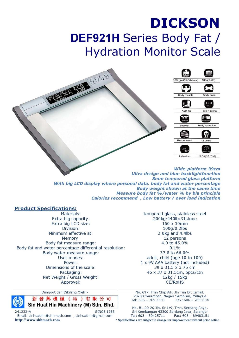 DICKSON DEF921H Series Body Fat   Hydration Monitor Scale