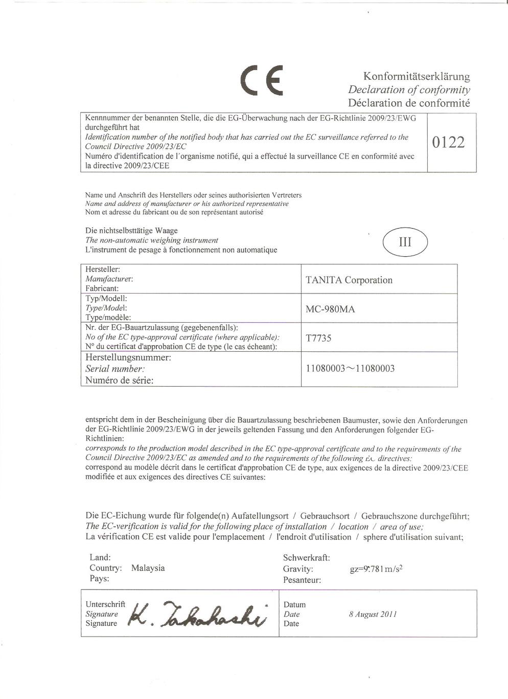 MC980 CE cert 0122 T7735 seriel no11080003 aug2011
