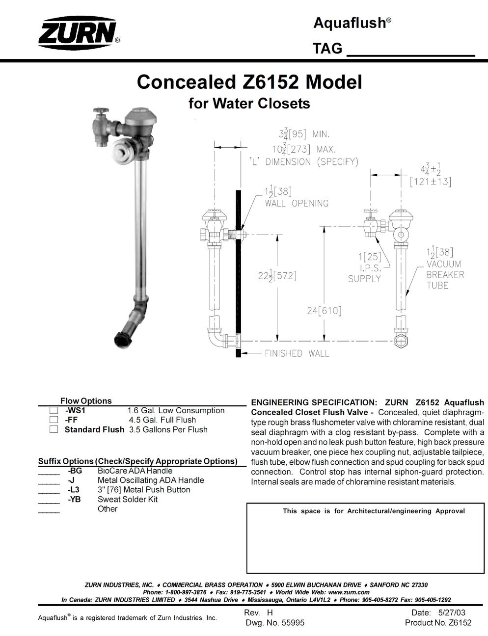 ZURN CONCEALED FLUSH VALVE
