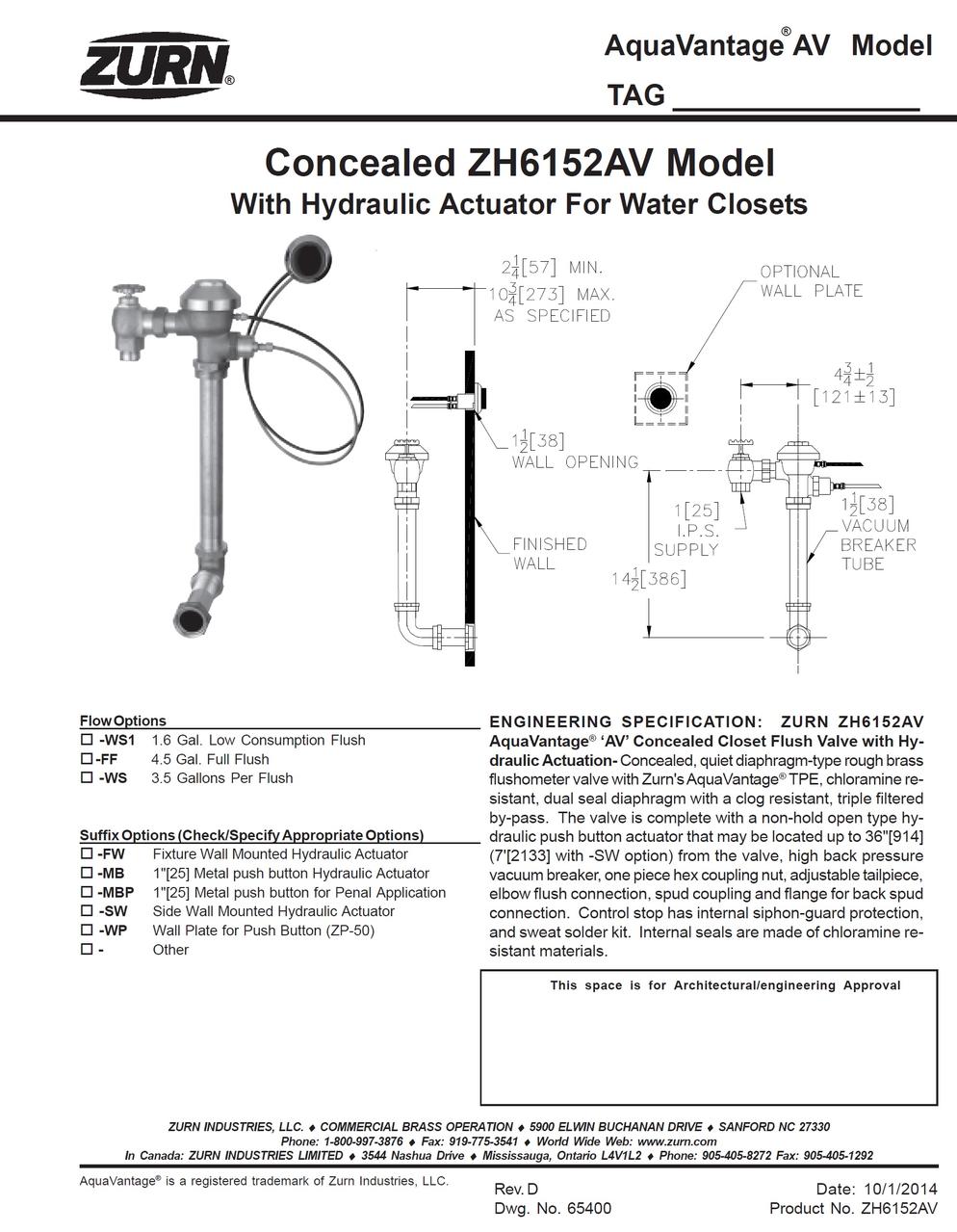 ZURN CONCEALED FLUSH VALVE