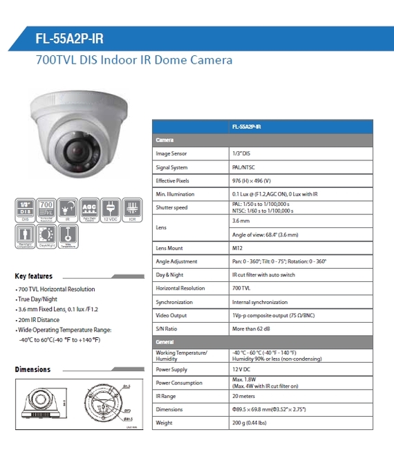 700TVL DIS Indoor IR Dome Camera