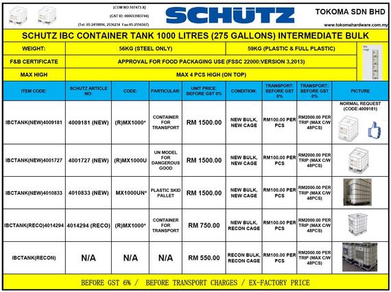 IBC CONTAINER TANK 1000L - BRAND:SCHUTZ
