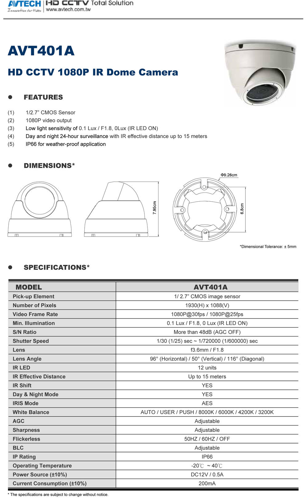 รายละเอียดสินค้า AVT401AP