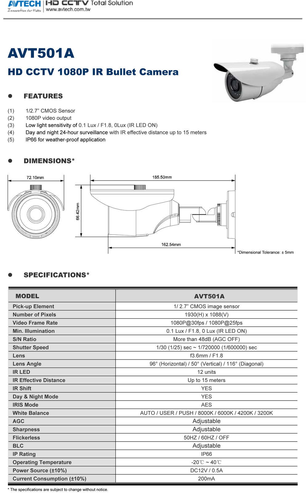 รายละเอียดสินค้า AVT501AP