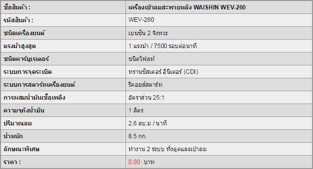 เครื่องเป่าลมสะพายหลัง WAISHIN WEV-260