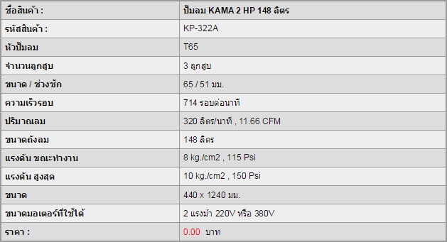 ปั๊มลมลูกสูบ KAMA 2 HP 148 ลิตร