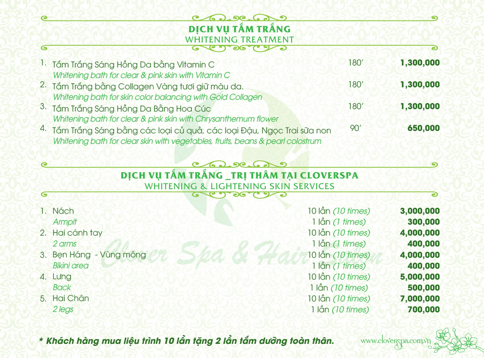 BẢNG GIÁ TẮM TRẮNG, TẮM DƯỠNG