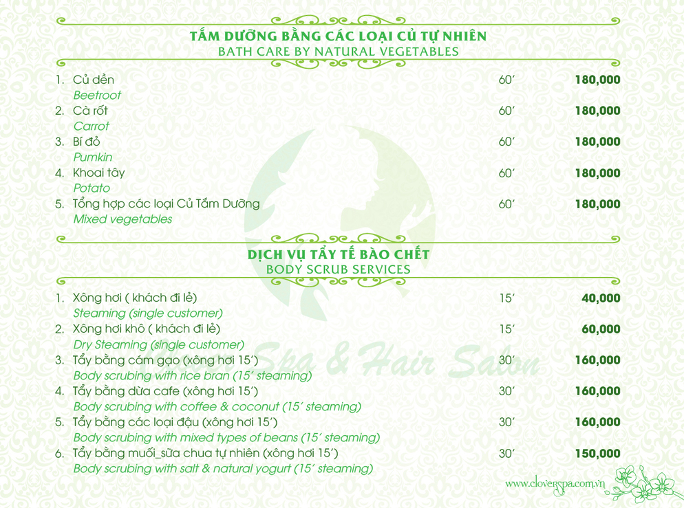BẢNG GIÁ TẮM TRẮNG, TẮM DƯỠNG